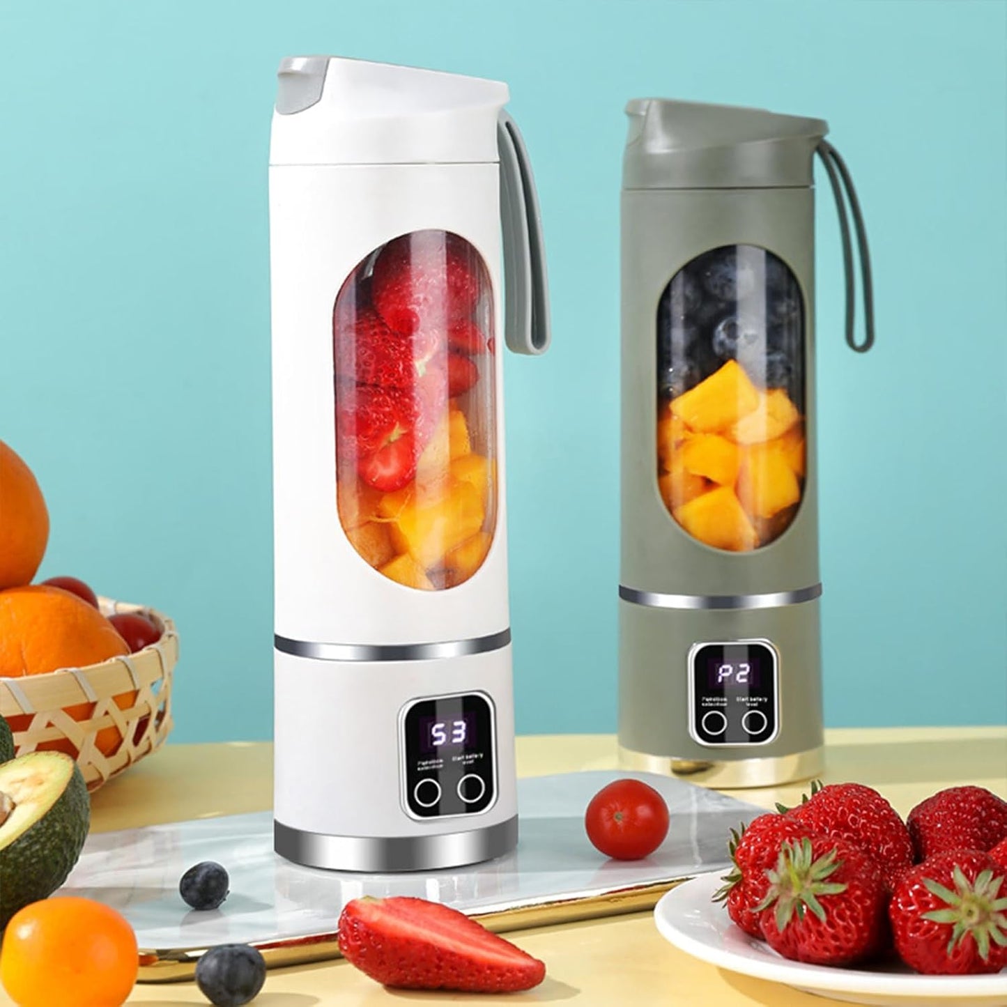 Digital Multimode Juicer Blender, Portable Blender Personal Electric,500ml Portable Juicer For Shakes And Smoothies, Best For Home & Travel (2PCS White Army Green)