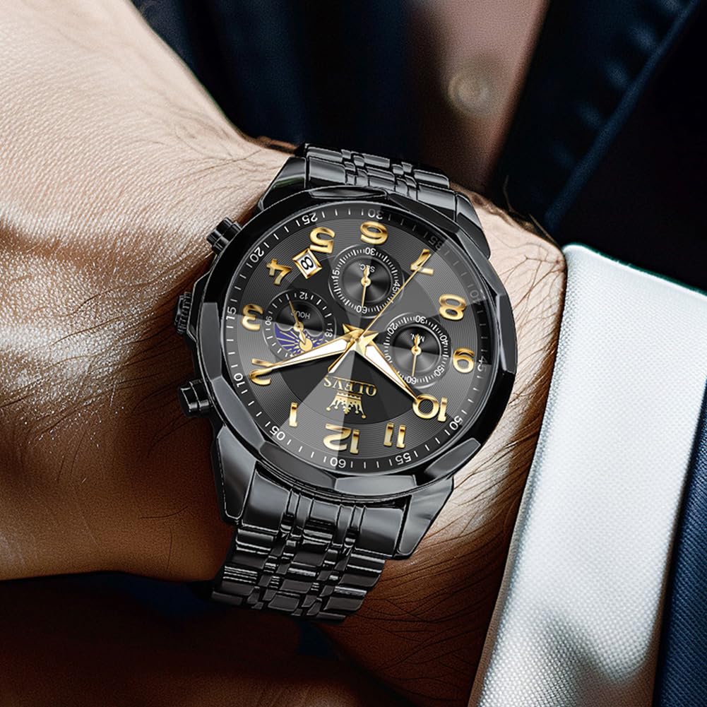 OLEVS Watches Men Luxury Chronograph Moon Phase Waterproof Luminous Watches for Men Analog Quartz Calendar Stainless Steel Strap Wrist Watches-(Black/Blue/Gold/Grey/Silver Face)