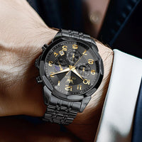 OLEVS Watches Men Luxury Chronograph Moon Phase Waterproof Luminous Watches for Men Analog Quartz Calendar Stainless Steel Strap Wrist Watches-(Black/Blue/Gold/Grey/Silver Face)