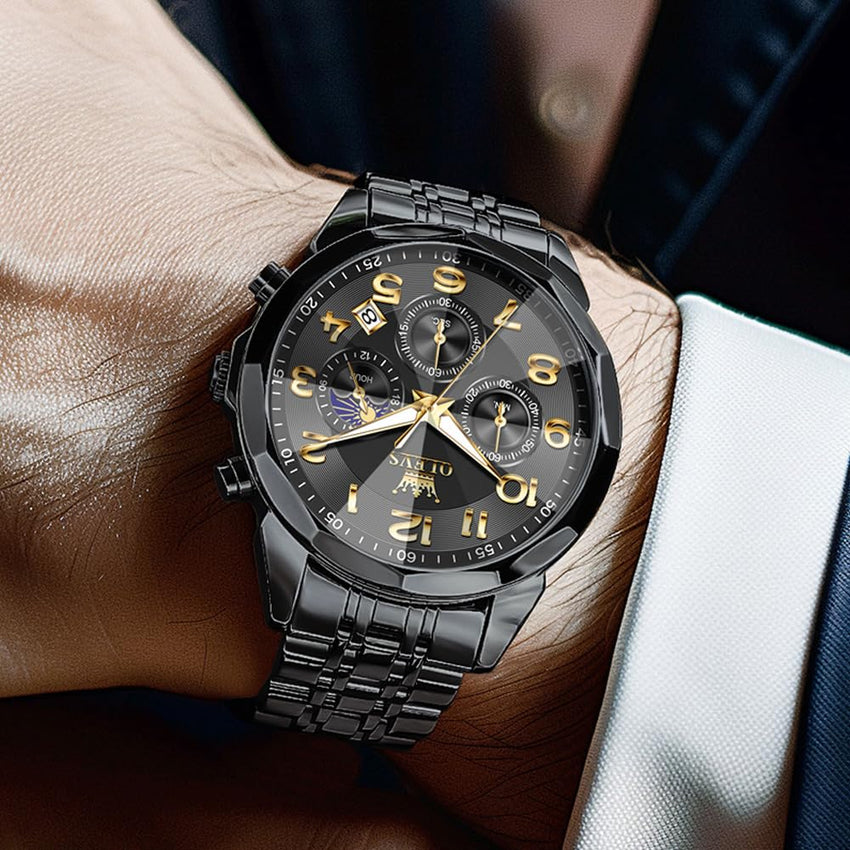 OLEVS Watches Men Luxury Chronograph Moon Phase Waterproof Luminous Watches for Men Analog Quartz Calendar Stainless Steel Strap Wrist Watches-(Black/Blue/Gold/Grey/Silver Face)