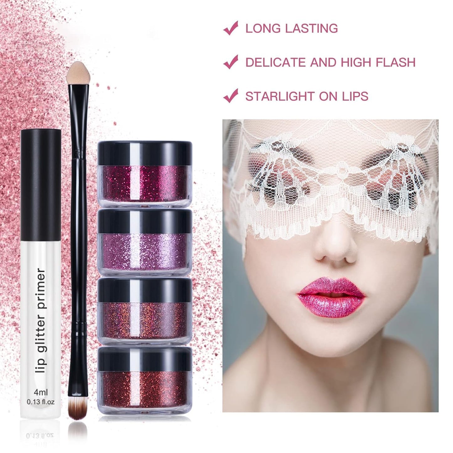 YECDET Sheglittary Glitter Lip Kit, 4 Color Glitter Lipstick with Lip Primer and Brush, Diamond And Glitter Metallic Lip Powder, Waterproof & Long Lasting & Smudge Proof (Set A)