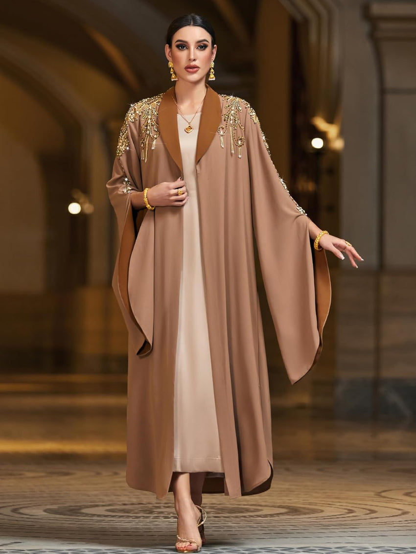Handmade Beaded Kaftan Open Front Abaya Long Sleeve Maxi Dress, NO INNER, Arabian Robe for Casual Festival Gathering Travel