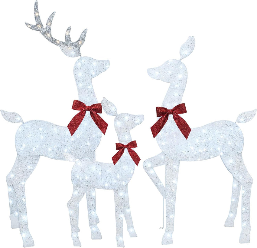 3-Piece 2D Lighted Christmas Deer Family Set - HOYECHI Large Outdoor Yard Reindeer Holiday Decoration with 145 LED Lights, Stakes, Zip Ties - Gold