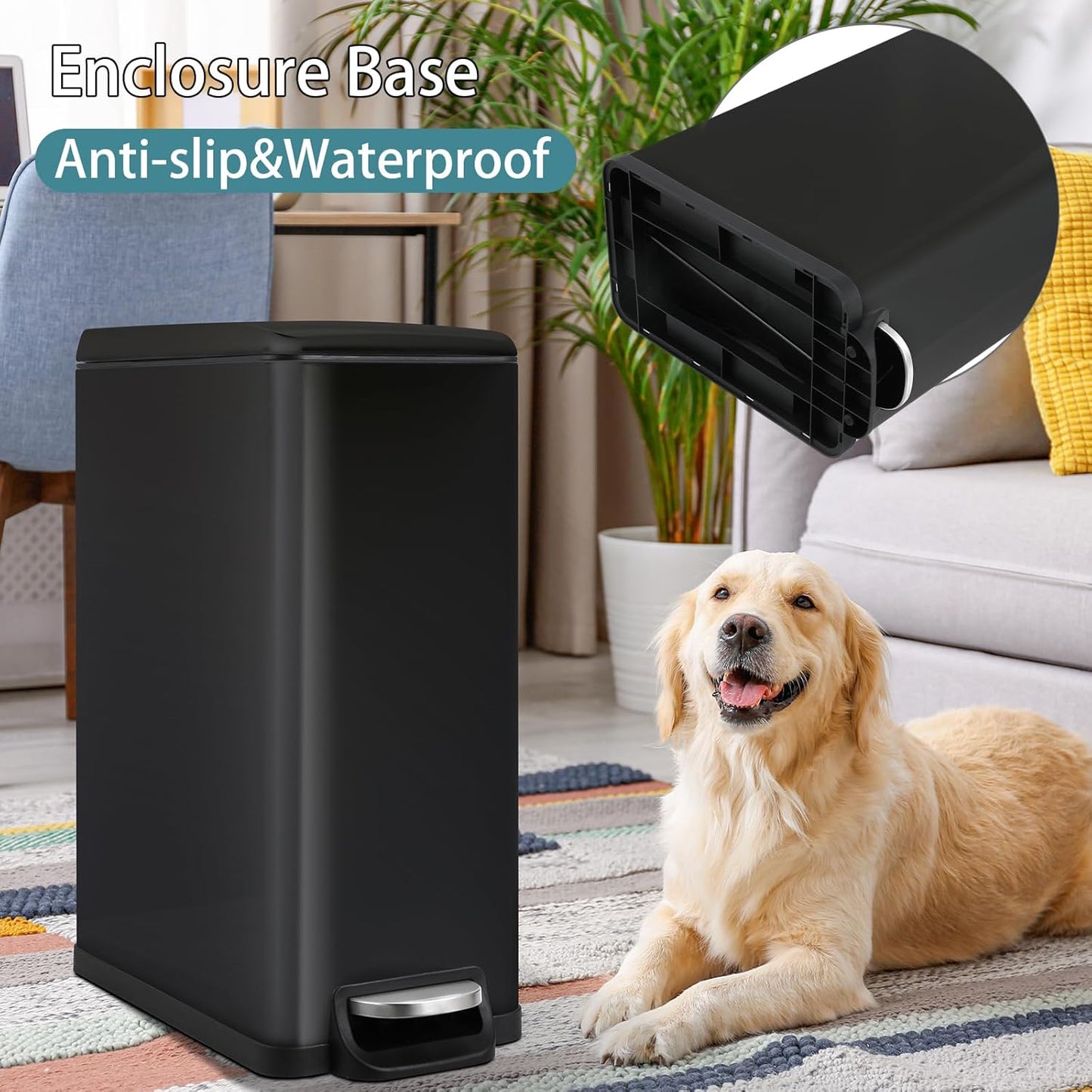 Arlopu 13.2 Gal Slim Kitchen Trash Can with Lid, 50L Stainless Steel Garbage Can, Large Kitchen Rubbish Can, Step Trash Bin w/Foot Pedal and Inner Bucket, Bathroom Trash Can Airtight (Black)