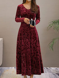 Women's Velvet Midi Dresses Floral Print Long Sleeve V Neck Formal Wedding Guest Fall Winter Dress