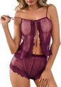 Kolagri Sexy Women Lace Pajamas Lingerie Set High Waist Sheer Sleepwear Bow Ties Cami Shorts Set