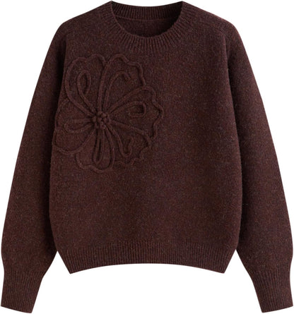 CIDER Women's Cute Sweater Crew Neck Long Sleeve Floral Pullover Fall Winter Sweaters Loose Fit Knit Top
