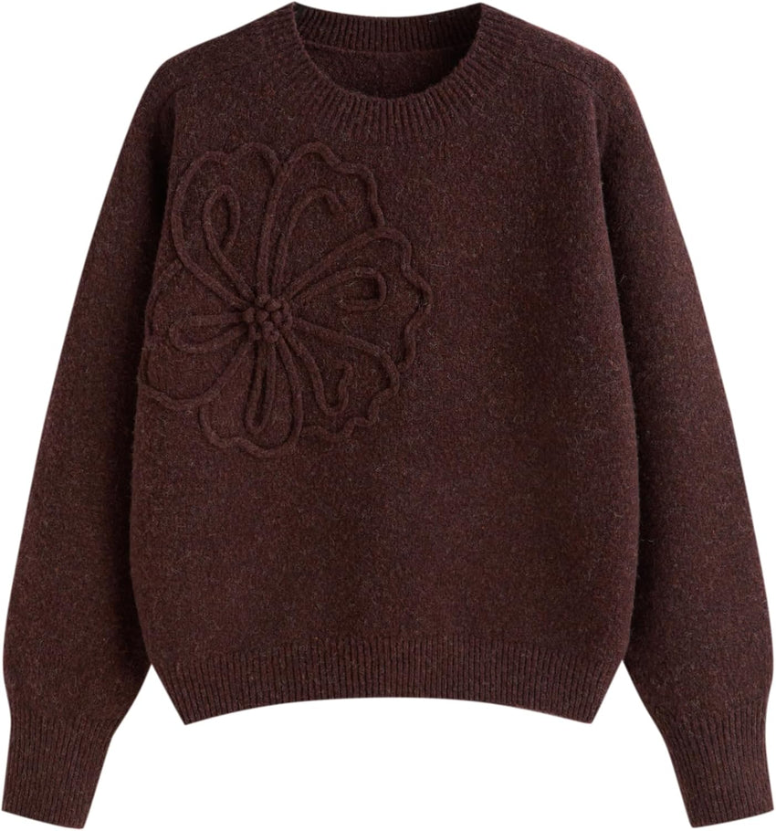 CIDER Women's Cute Sweater Crew Neck Long Sleeve Floral Pullover Fall Winter Sweaters Loose Fit Knit Top