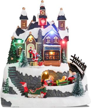 Bdor Christmas Village Lighted Decoration Musical Animated Display Christmas Collectible Santa Battery Operated Resin Indoor Decor
