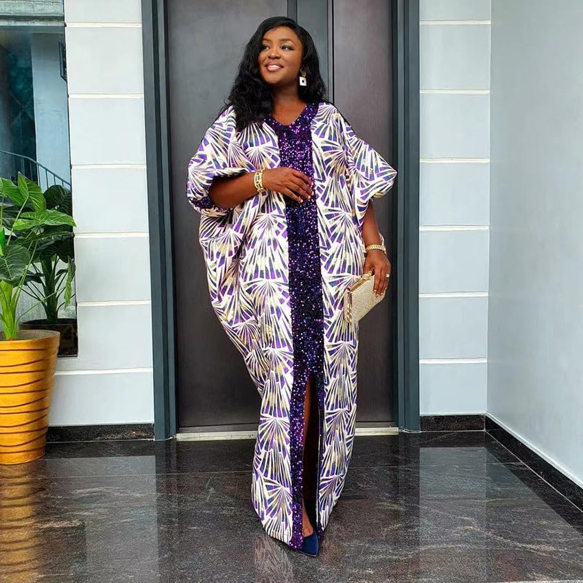 HD Women's Sequin African Bubu Dress Front Slit Stylish Plus Size Gown