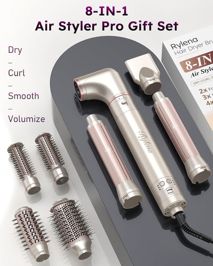 Deluxe 8-in-1 Air Styler Pro 2025 by Rylena, Hair Dryer Brush for Fast Drying, Auto Curling, Smoothing&Volumizing, 8 Attachable Heads, 110,000 RPM High-Speed Multi Styler, 600M Ionic Care, Stone