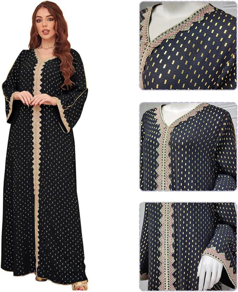 ODIZLI Womens Muslim Abaya Dress V Neck Bronzing Dress Islamic Full Length Kaftan Daily Casual One-Piece