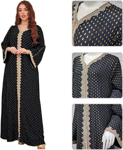 ODIZLI Womens Muslim Abaya Dress V Neck Bronzing Dress Islamic Full Length Kaftan Daily Casual One-Piece