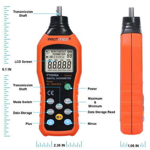 Digital Tachometer, 50-19999 RPM Contact Tachometer, 100 Groups Data Store Handheld Speed Meter with Backlight, Max/Min/AVG RPM Rotation Speed Gauge, PT6208A (Batteries Included)
