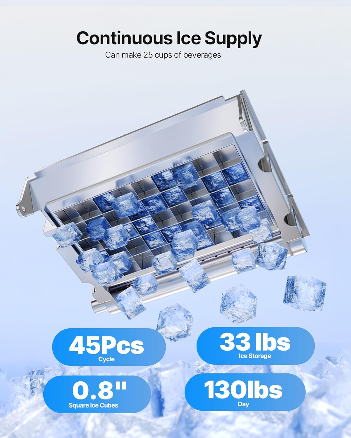 VEVOR Commercial Ice Maker Machine, 130Lbs/24H with 33Lbs Storage, 45 Cubes per Cycle, Stainless Steel Freestanding & Under Counter Ice Maker with LED Display & Self-Cleaning, for Home Bar Restaurant