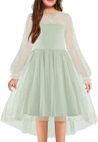 Arshiner Girls Dresses Contrast Mesh Long Sleeve Twirly High Low Birthday Party Formal Dress