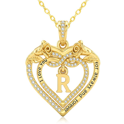 Uncle LOL Jewelry — 14K Gold Initial Letter Rose Heart Pendant Necklace for Women, Anniversary Birthday Jewelry Gifts for Wife Mom Grandma Sister Daughter, I Love You for Always And Forever