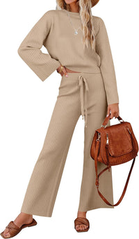 ZESICA Women's 2 Piece Outfits Set 2025 Casual Long Sleeve Knit Pullover Top and Wide Leg Pants Sweatsuit Lounge Sets