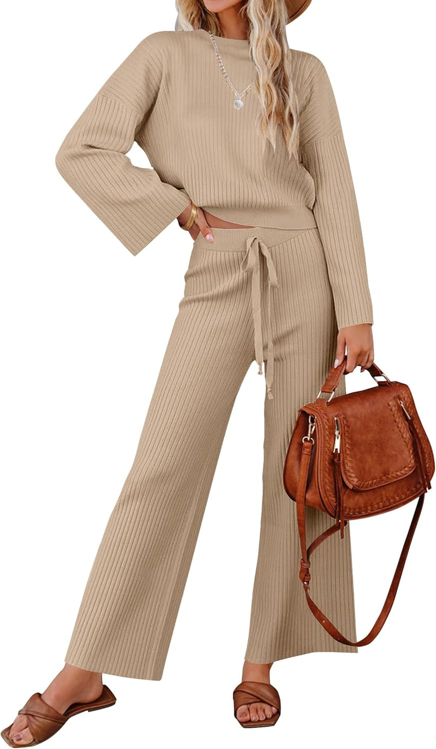 ZESICA Women's 2 Piece Outfits Set 2025 Casual Long Sleeve Knit Pullover Top and Wide Leg Pants Sweatsuit Lounge Sets