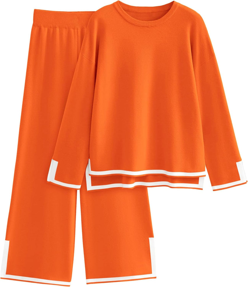Tanming Women's 2 Piece Outfits Long Sleeve Knit Sweater Top Wide Leg Pants Lounge Sets Tracksuits