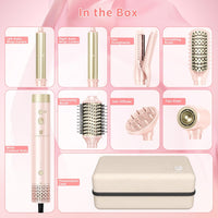 Hair Dryer Brush 8-in-1 Dual Voltage Hot Air Styler – Fast-Drying 110,000 RPM Ionic Blow Dryer with Straightener & Curler Attachments, Frizz-Free Volumizing Styler with Protective Hard Case-Pink