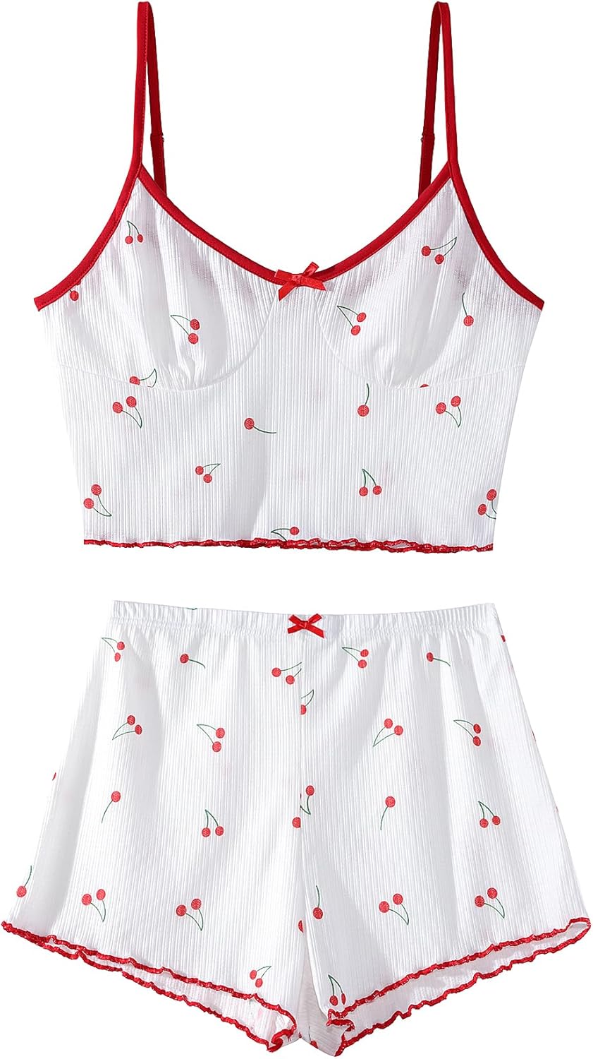 Hilinker Womens Graphic Print Ribbed PJ Set Crop Cami Tops and Shorts Cute Pajamas Set