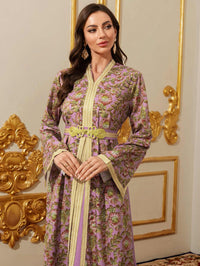 Abaya for Women Floral Embroidered Muslim Dress V-Neck Arabian Maxi Robe