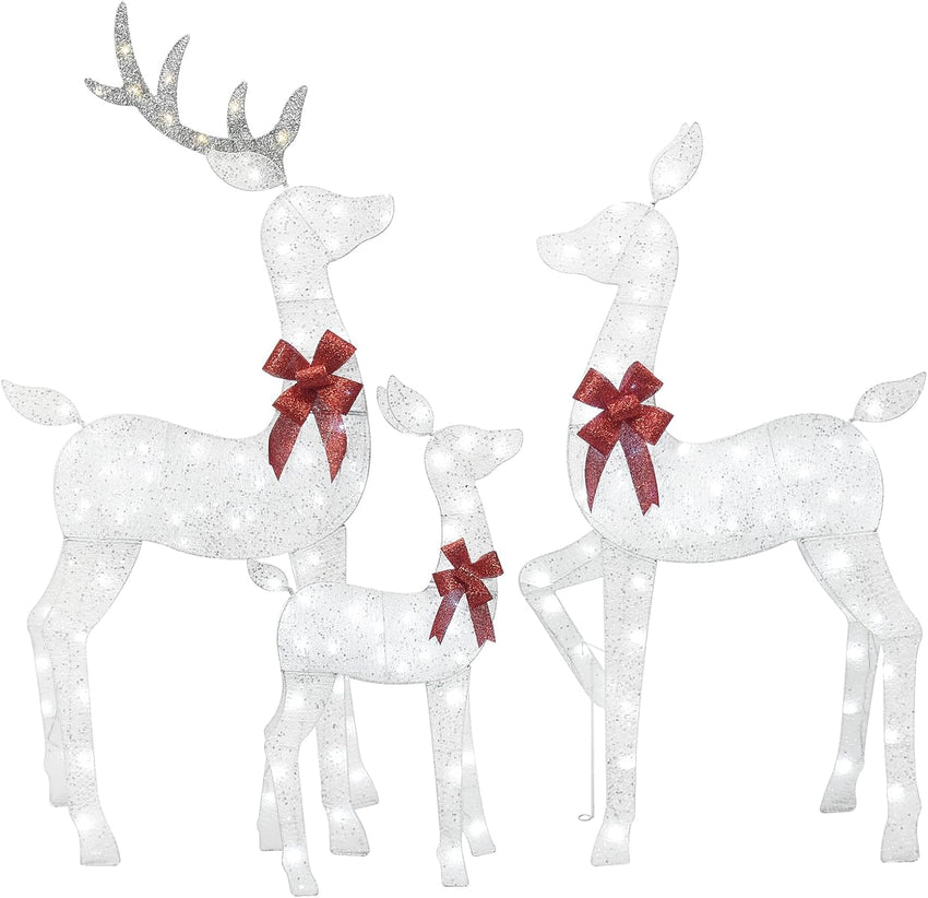 3-Piece 2D Lighted Christmas Deer Family Set - HOYECHI Large Outdoor Yard Reindeer Holiday Decoration with 145 LED Lights, Stakes, Zip Ties - Gold