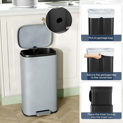 Arlopu 8/13.2 Gallon Step Trash Can, Stainless Steel Garbage Bin, Soft-Close Rubbish Bin with Removable Plastic Inner Bucket, Fingerprint-Proof, Lid Dustbin, Suit for Kitchen Home (Haze Blue, 50L)