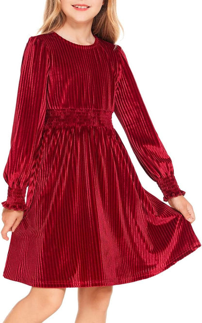 Arshiner Girls Long Sleeve Dress Velvet Crew Neck Midi Fall Vintage Plain Dress for Kids 4-13Y