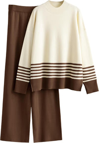 Tanming Women's Lounge Sets 2 Piece Outfits Knitted Pullover Sweater Tops Wide Leg Pants Tracksuit