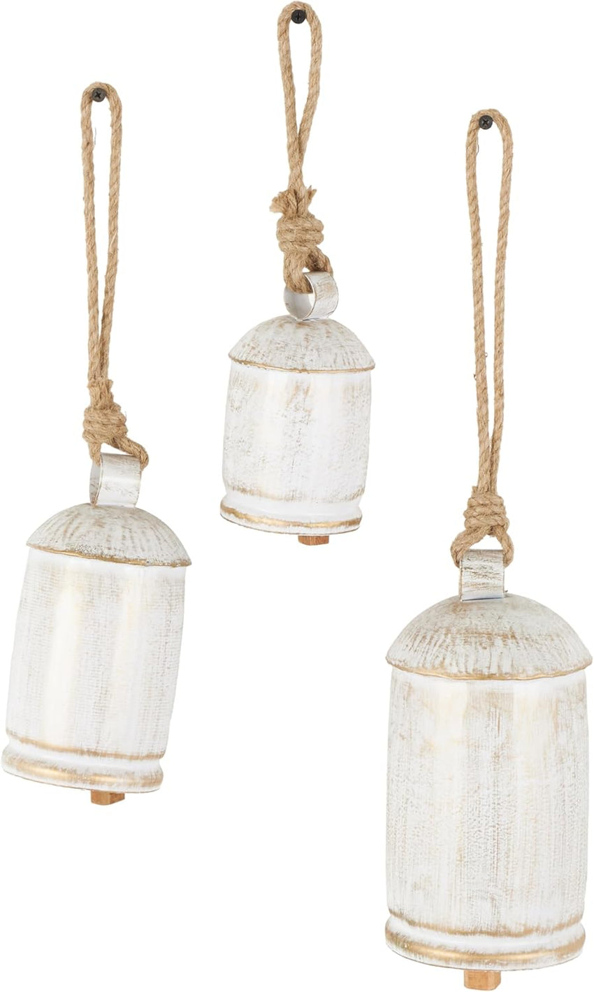 Deco 79 Gold Metal Tibetan Inspired Decorative Giant XL Cow Bells with Jute Hanging Rope, Set of 3 10",8",6"H - Cylindrical