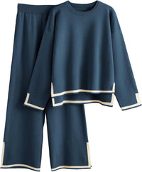 Tanming Women's 2 Piece Outfits Long Sleeve Knit Sweater Top Wide Leg Pants Lounge Sets Tracksuits
