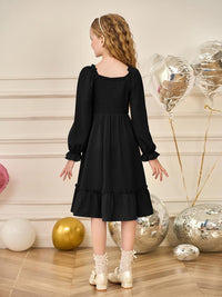 Haloumoning Girls Lantern Long Sleeve Dresses Kids Square Neck High Low Hem Smocked Fall Dress 5-14 Years