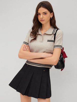 CIDER Short Sleeve Sweater Knit Top Collar Neck Stripe Pullover Casual Elegant Women’s Collared Sweaters