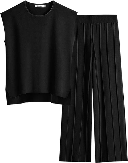 ANRABESS Women 2 Piece Lounge Sets Summer Casual Knit Sweater Vest Pant Set Beach Vacation Airport Clothes 2025 Fall Outfits