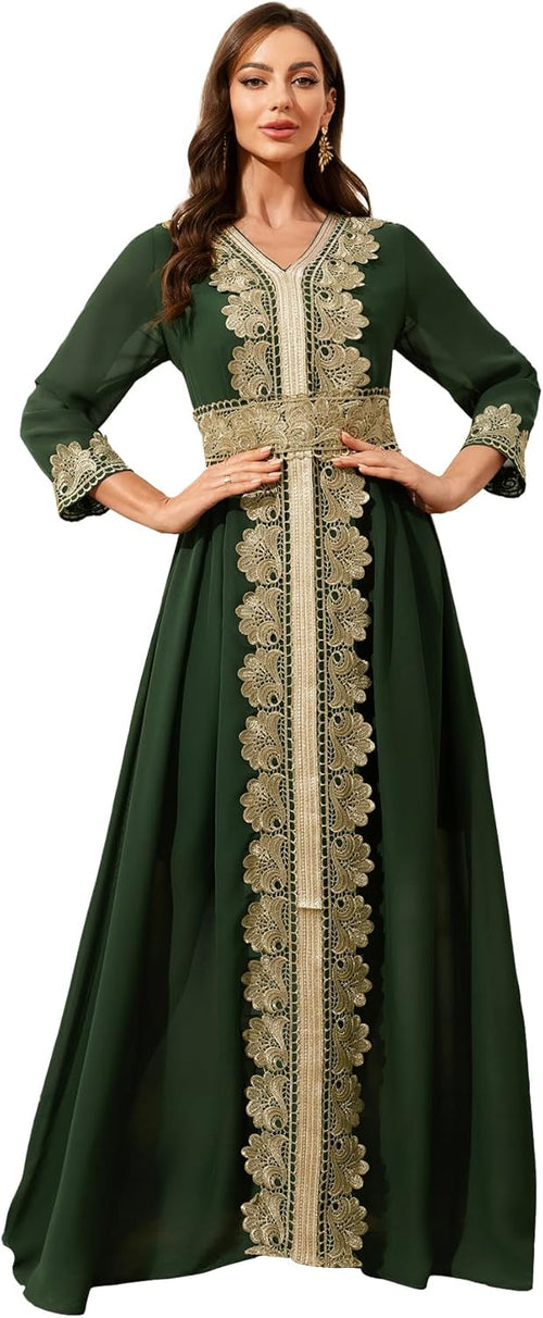 Women Muslim Abaya Kaftan Dress Lace Ethnic Moroccan Dress Eid Prayer Clothes Arabian Maxi Robe