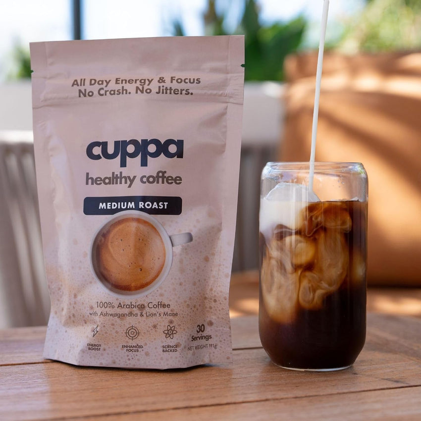 Cuppa Healthy Mushroom Insant Coffee with Lion's Mane & Ashwagandha for All Day Energy & Focus - No Crash or Jitters - Nootropics for Brain Health, Gut Health, Immunity, Stress, Memory + Mood (30 Servings, Medium Roast)