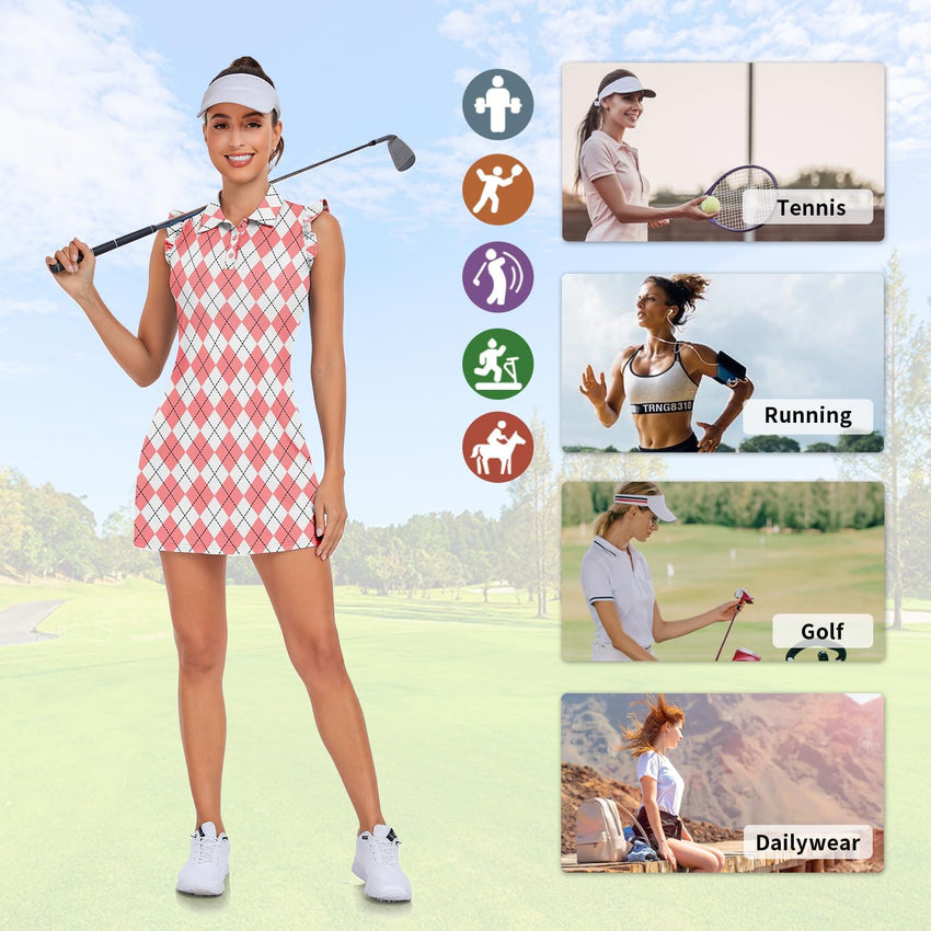WOWENY Tennis Dress Polo Buttons Golf Dresses with Built in Shorts and Pockets Ruffle Sleeveless Athletic Workout Dress