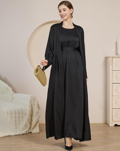 2PCS Muslim Abaya Women Islamic Dress with Belted Prayer Covered Eid Clothes