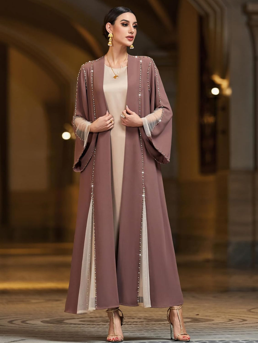Handmade Beaded Open Front Robe Coat, Elegant Long Sleeve Outerwear Women's Modest Cover-Up, NO INNER, Mauve Brown