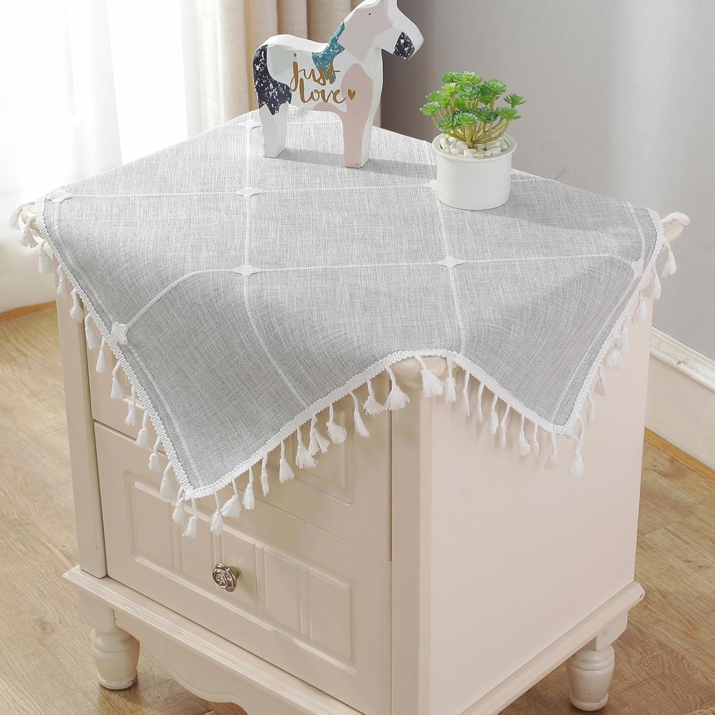 Square Lattice Small Tablecloth Cotton Linen Light Brown Dust-Proof Washable Boho Embroidery Table Cover Rustic Table Cloth for Coffee Party Kitchen Dining Tabletop Decoration 36 x 36 Inch