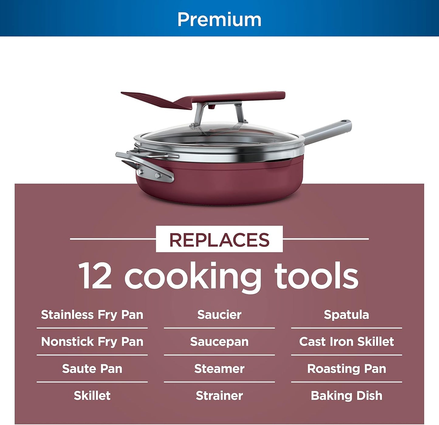 Ninja, Cookware, Steamer, Strainer Basket, Glass Lid and Spatula, Foodi NeverStick PossiblePan, Premium Set with 4-Quart Capacity Pan, Nonstick, Durable, Oven Safe Cookware, Cherry Tart, CW102RD