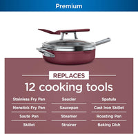Ninja, Cookware, Steamer, Strainer Basket, Glass Lid and Spatula, Foodi NeverStick PossiblePan, Premium Set with 4-Quart Capacity Pan, Nonstick, Durable, Oven Safe Cookware, Cherry Tart, CW102RD