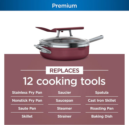 Ninja, Cookware, Steamer, Strainer Basket, Glass Lid and Spatula, Foodi NeverStick PossiblePan, Premium Set with 4-Quart Capacity Pan, Nonstick, Durable, Oven Safe Cookware, Cherry Tart, CW102RD