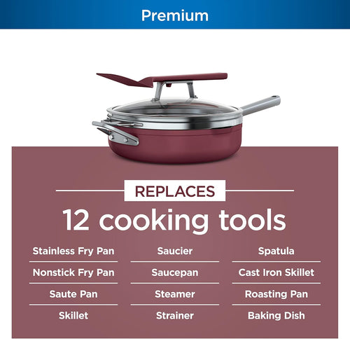 Ninja, Cookware, Steamer, Strainer Basket, Glass Lid and Spatula, Foodi NeverStick PossiblePan, Premium Set with 4-Quart Capacity Pan, Nonstick, Durable, Oven Safe Cookware, Cherry Tart, CW102RD