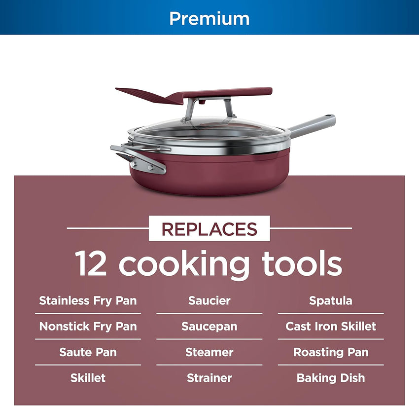 Ninja, Cookware, Steamer, Strainer Basket, Glass Lid and Spatula, Foodi NeverStick PossiblePan, Premium Set with 4-Quart Capacity Pan, Nonstick, Durable, Oven Safe Cookware, Cherry Tart, CW102RD