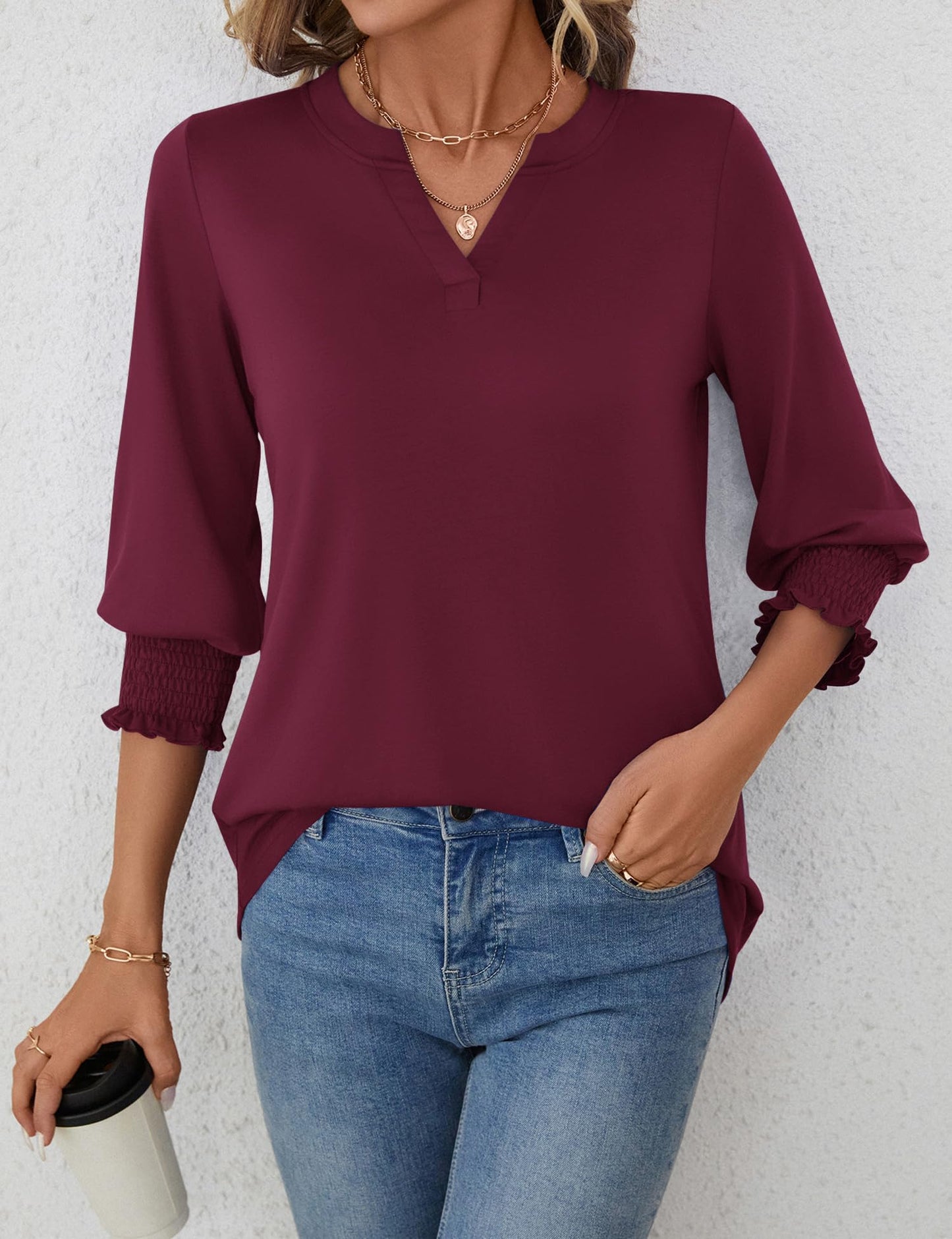 LOMON Blouses for Women Dressy Casual 3/4 Sleeve Tops for Women V Neck T Shirt Ladies Tops and Blouses Orange Blue Print L