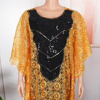 HD Womens African Lace Kaftan Dress Embroidery V Neck Evening Party Gown One Size with Matching Headwrap