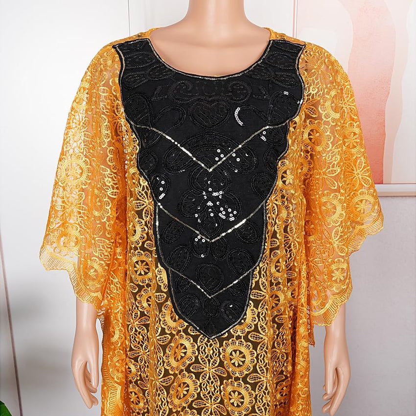 HD Womens African Lace Kaftan Dress Embroidery V Neck Evening Party Gown One Size with Matching Headwrap